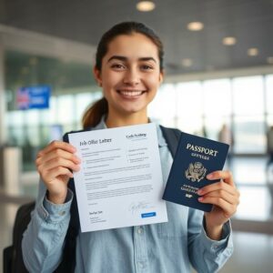 A young person holding a passport and job offer letter, smiling in front of an airport or suitcase—symbolizing job migration without a degree.