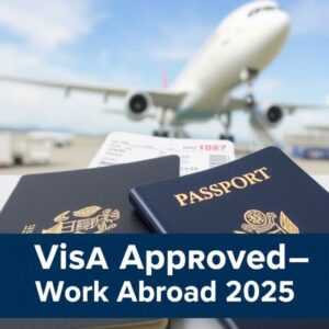 An image showing passports with boarding passes, a plane in the background, and a sign that says "Visa Approved – Work Abroad 2025
